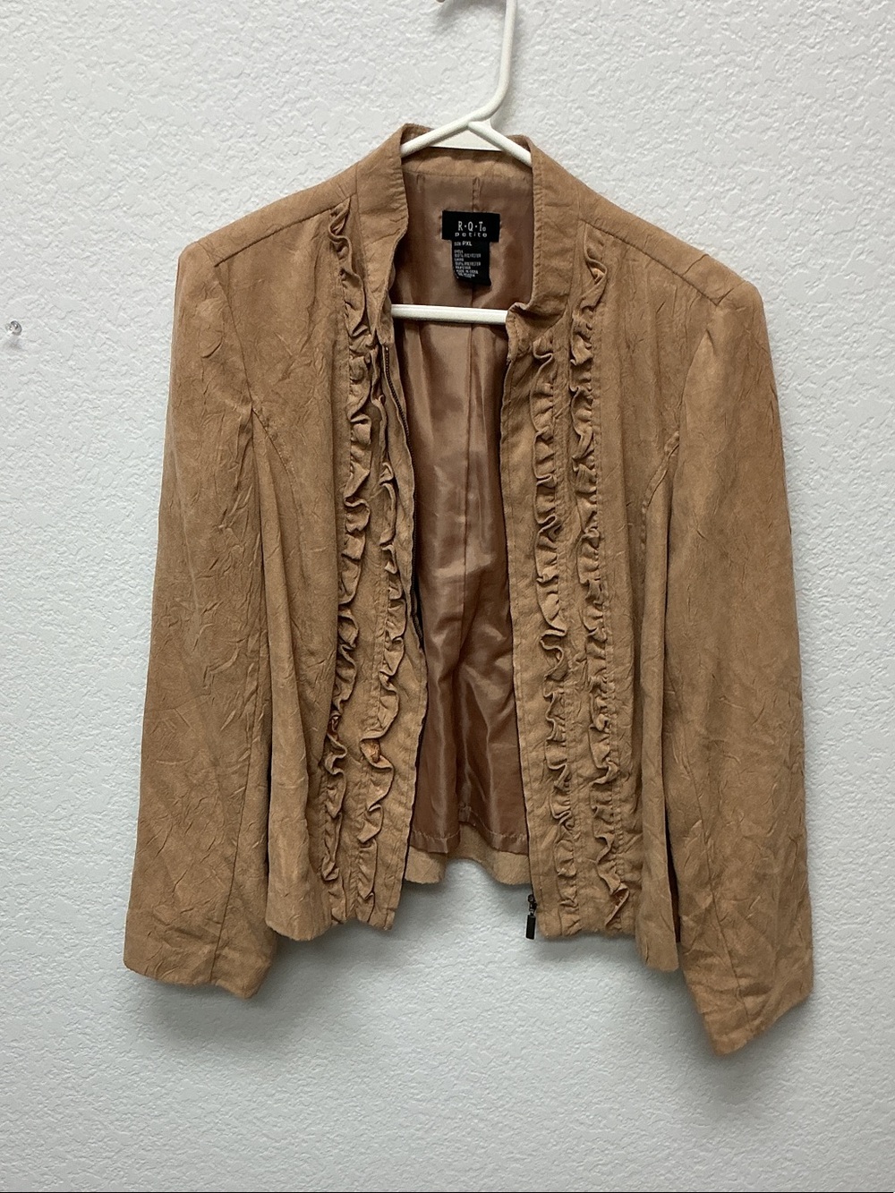 Ruffled Suede-Feel Blazer in Tan by B.O.C.